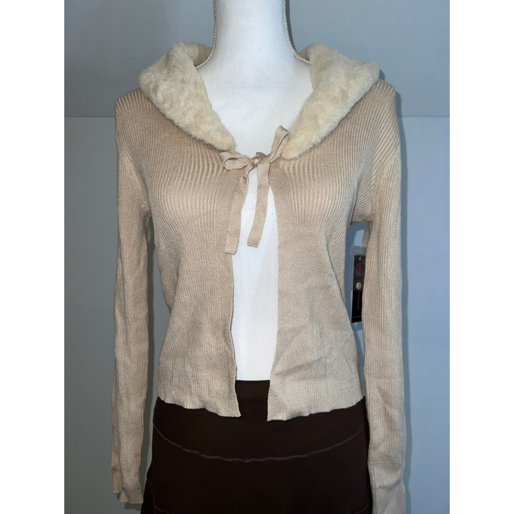 NEW Y2k Fur Collared Beige Ribbed Cardigan Faux Fur